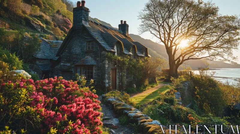 Serene Landscape: Charming Stone Cottage in the Countryside AI Image