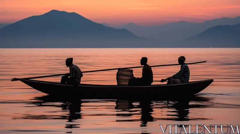 AI ART Tranquil Sunset: Silhouette of Fishermen in a Small Boat | Mount Etna