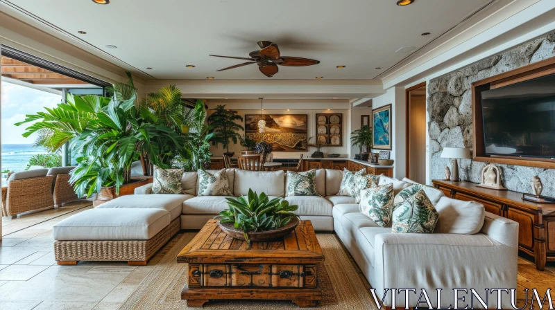 Tropical-Style Living Room with Sectional Sofa and Wooden Coffee Table AI Image