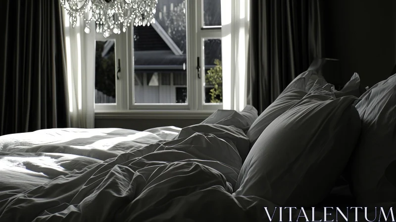 Captivating Morning Light in a Cozy Bedroom with Unmade Bed AI Image
