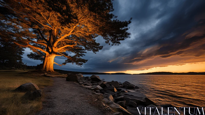 Captivating Sunset: Majestic Tree by Tranquil Lake AI Image
