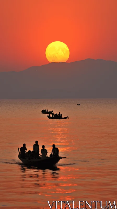 Captivating Sunset Seascape with Silhouetted Boat | Art Inspired by Burma AI Image