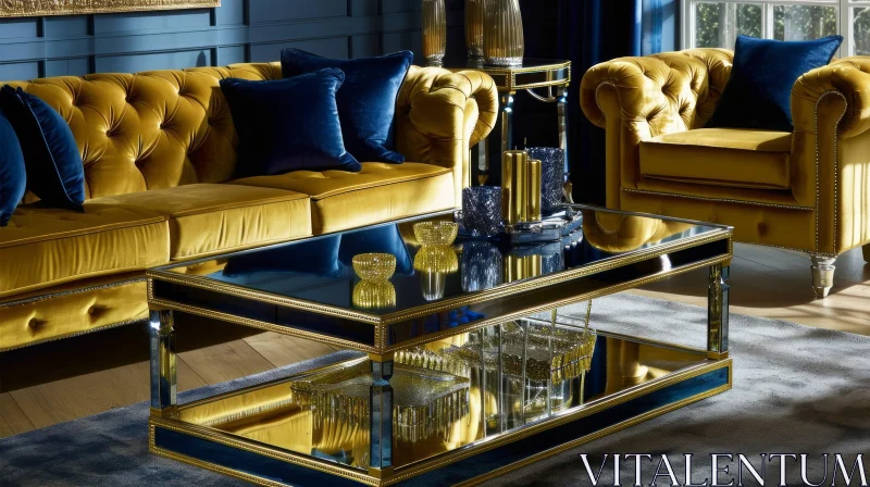 Elegant Living Room with Gold Velvet Sofa and Opulent Details AI Image