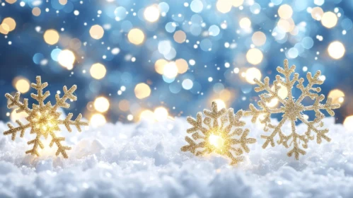 Golden Snowflakes on Snow-Covered Surface with Dreamy Background