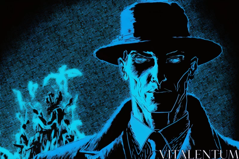 Intriguing Film Noir Cartoon: Mysterious Figure in Illusory Wallpaper Portraits AI Image