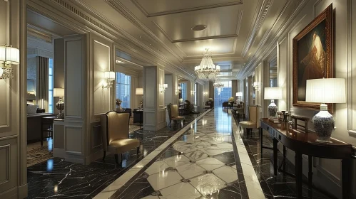 Luxurious Hotel Corridor with Marble Floors and Crystal Chandeliers
