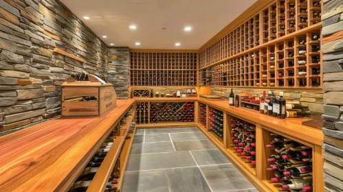 Luxurious Wine Cellar with Stone Walls and Wooden Shelves
