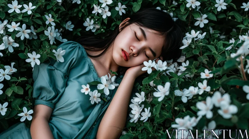 Tranquil Asian Woman Sleeping in Flower Field AI Image