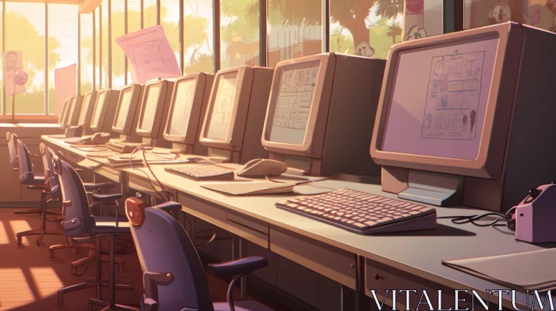 Vintage Computer Lab with CRT Monitors in Sunlight AI Image