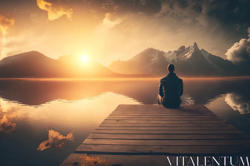 Captivating Sunrise: Man Sitting on Dock in Illusory Landscape AI Image