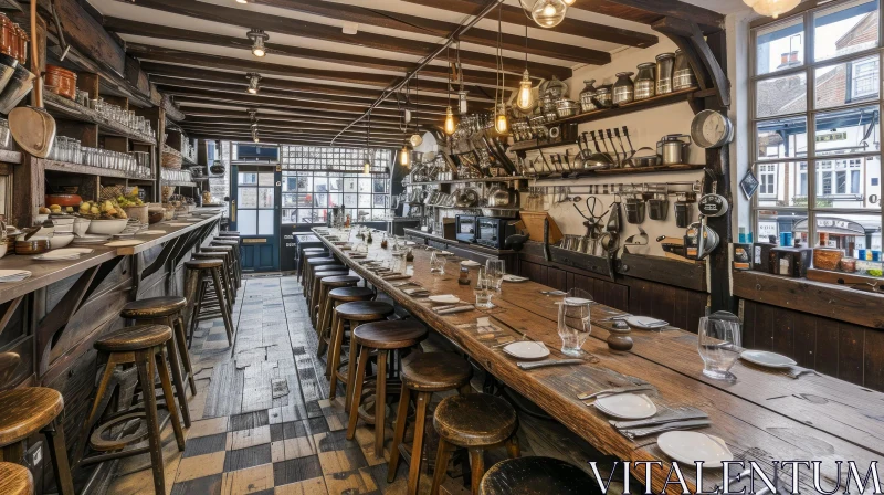 Cozy Rustic Restaurant with Wooden Table and Vintage Kitchenware AI Image