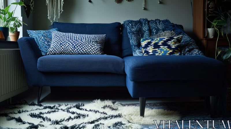 Elegantly Designed Living Room with Blue Corner Sofa and Delicate Flower Arrangement AI Image