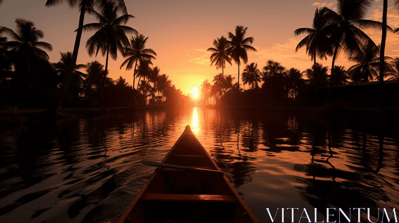 Enigmatic Tropics: Captivating Sunset Canoe on River AI Image