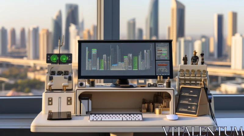 Futuristic 3D Computer Desk in Modern Office Building AI Image