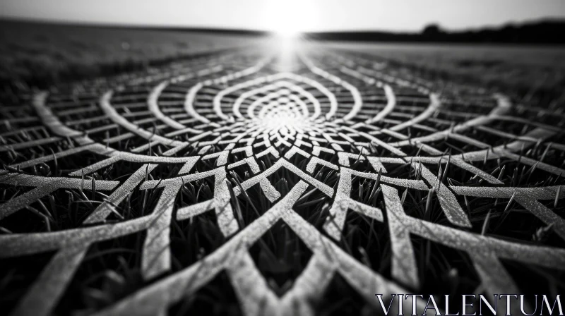 Intricate Geometric Pattern on Grassy Field - Captivating Black-and-White Photo AI Image