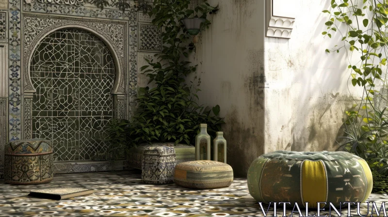 Moroccan-Style Courtyard: A Tranquil 3D Rendering AI Image