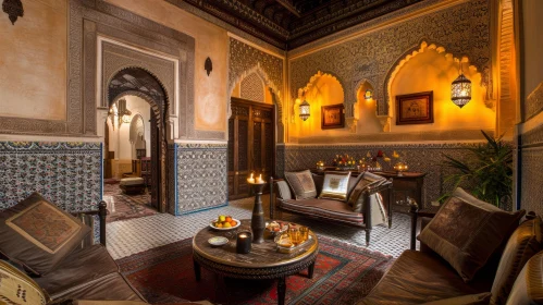 Opulent Moroccan Living Room with Intricate Tile Work and Carved Wooden Ceilings