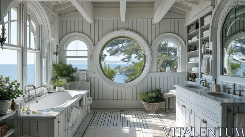 Serene Ocean-View Bathroom | White Bathtub, Twin Sinks, Lush Greenery AI Image