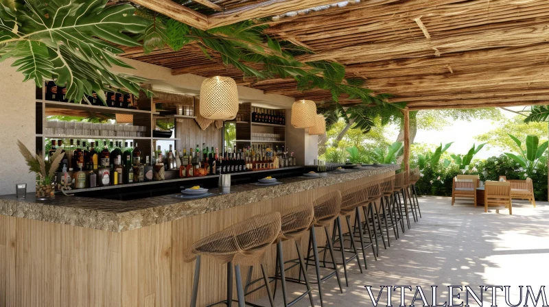 Tropical-Themed Bar with Thatched Roof and Wooden Structure AI Image