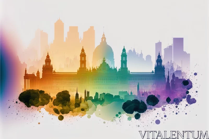 Vibrant City Skyline with Rainbow Splashes - New Leipzig School and Spanish Enlightenment AI Image