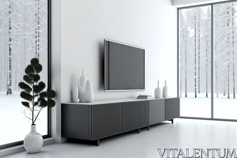 AI ART Winter-themed Living Room with White Flat TV Stand | Monochrome Style