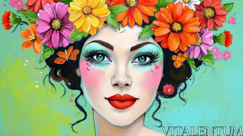 Captivating Painting of a Woman with a Flower Headdress AI Image