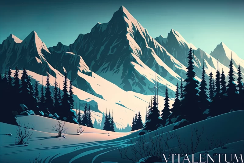 Exquisite Mountains and Snow Road Illustration in Dark Cyan and Light Beige AI Image