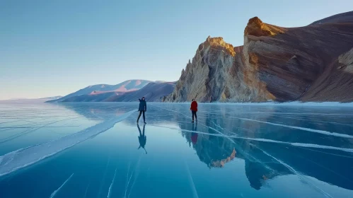 Frozen Lake Reflection: Captivating Image of People on Mirror-Like Ice