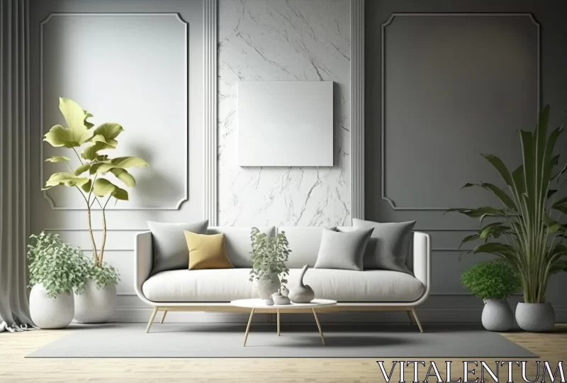 Neutral Living Room with Yellow Plant and Marble Walls - 19th Century Style AI Image