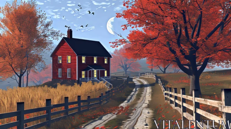 Serene Fall Landscape with Foliage Trees and Cozy Cottage AI Image