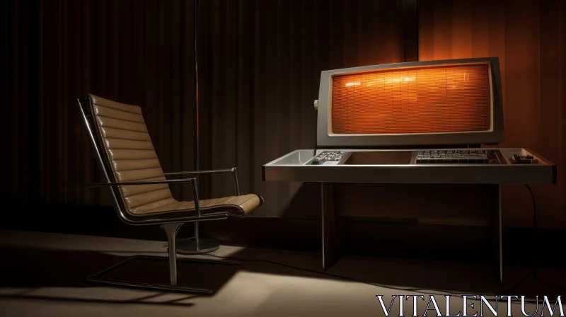 Vintage 1970s Retro Computer Terminal in Dark Room AI Image