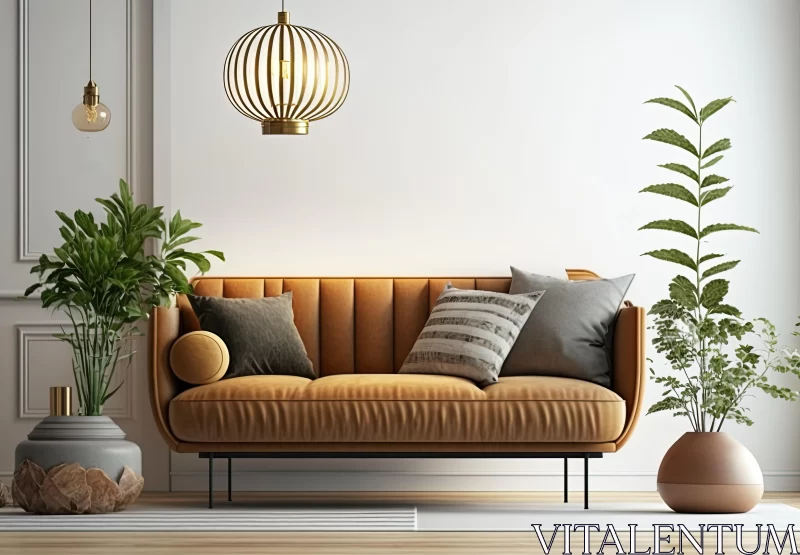 AI ART Cozy Yellow Couch Near Wall | 3D Rendering | Light Amber and Bronze