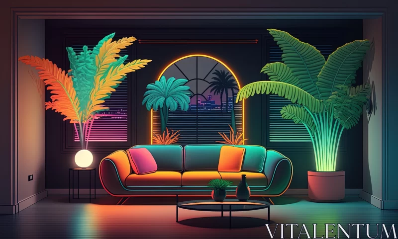 Enchanting Neon Living Room with Vibrant Couches and Palm Trees AI Image