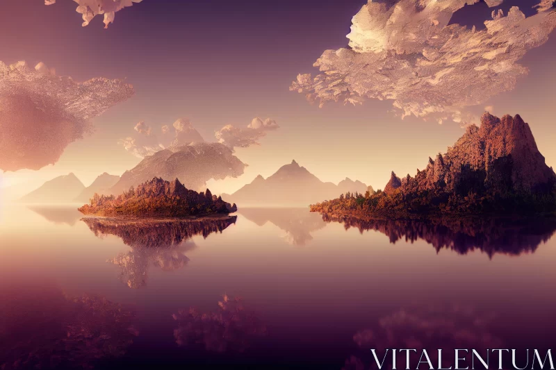 Ethereal Purple Clouds: Surreal 3D Landscapes with Calm Waters AI Image