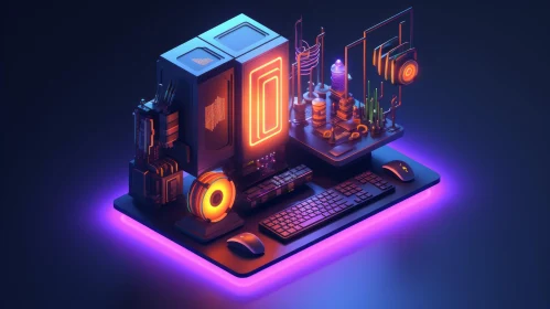 Futuristic Computer Case 3D Illustration with Orange CPU and Purple Neon Lights