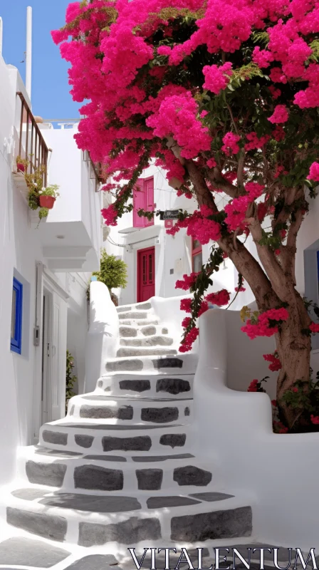 Greek Architecture: Pink and White Flowering Tree amidst White Buildings AI Image
