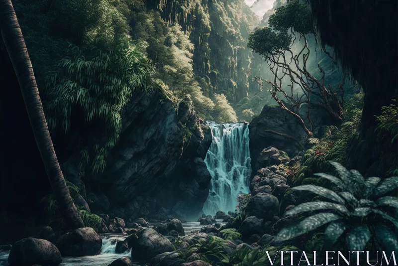 Captivating Waterfall in Jungle: Detailed Atmospheric Portrait AI Image