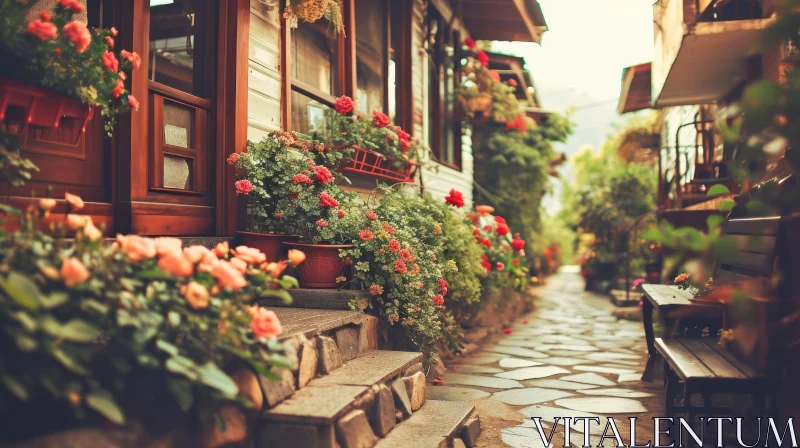 Charming European Village Street with Cobblestones and Stone Houses AI Image
