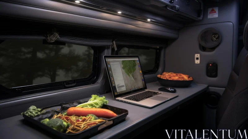 Cozy Camper Van Interior with Laptop and Food AI Image