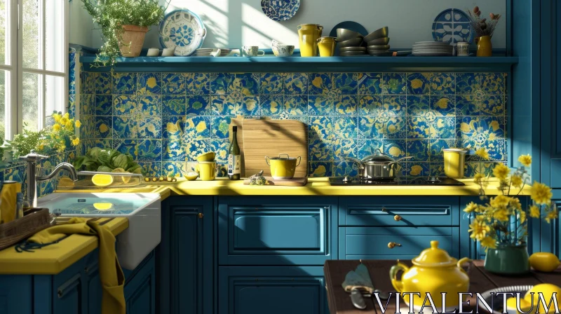 Cozy Kitchen with Blue Cabinets and Yellow Accents AI Image