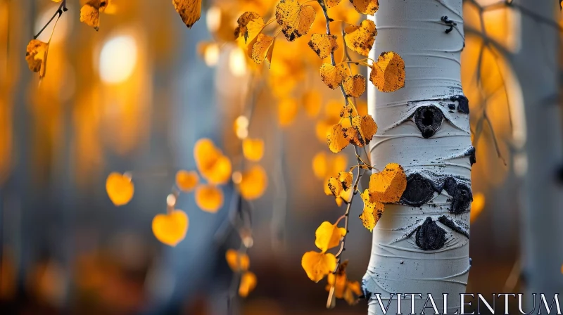 Enchanting Close-Up of a Tree Trunk with Yellow Leaves in Fall AI Image