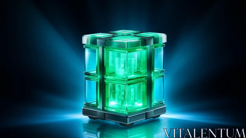 Green Glowing 3D Glass Cube on Dark Blue Background AI Image