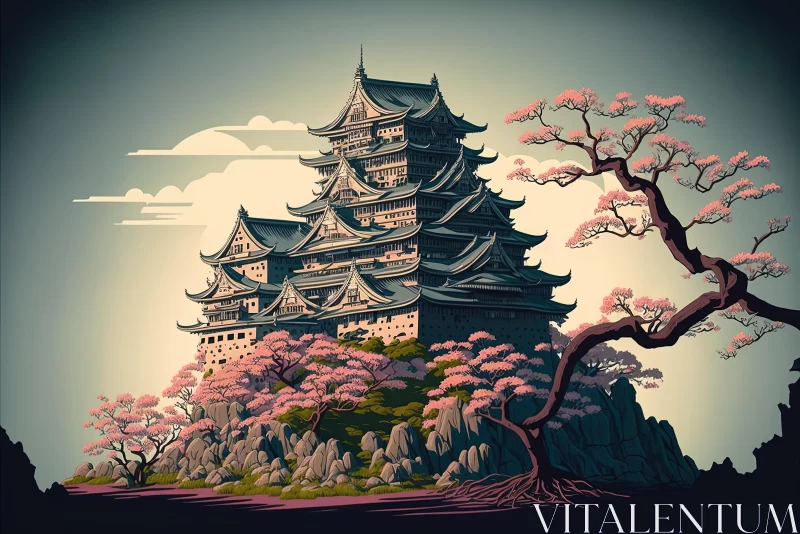 Japanese Castle with Cherry Blossoms: An Expressive and Detailed Historical Illustration AI Image