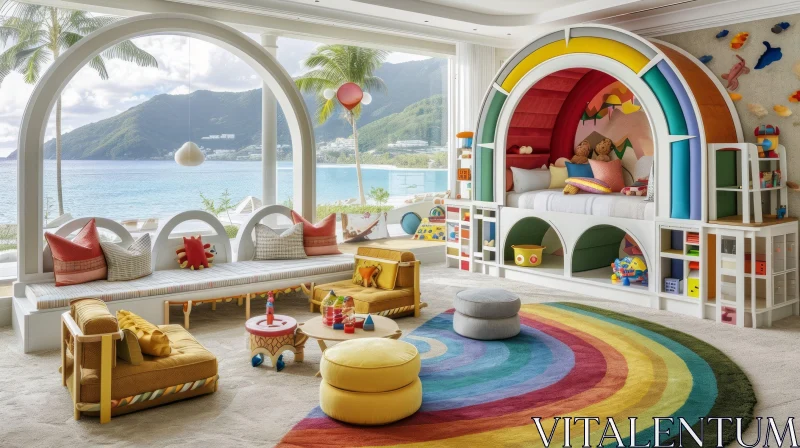 Luxurious Children's Playroom with Vibrant Colors and Beach View AI Image
