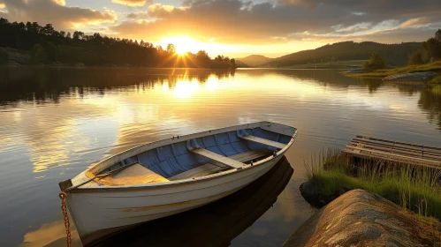 Serene Wooden Boat on a Calm Lake at Sunset