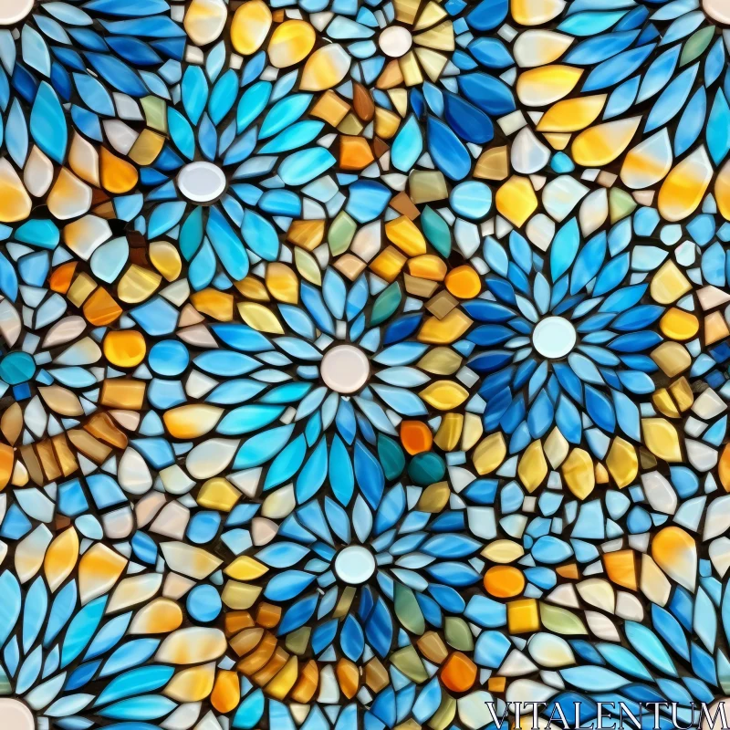 Blue and Yellow Mosaic Flower Pattern AI Image