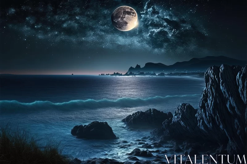 Captivating Moon Over Ocean at Night | Fantasy Landscapes AI Image