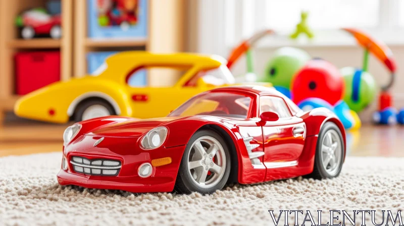 Contrasting Toy Cars: Red and Yellow Sports Cars on Beige Carpet AI Image
