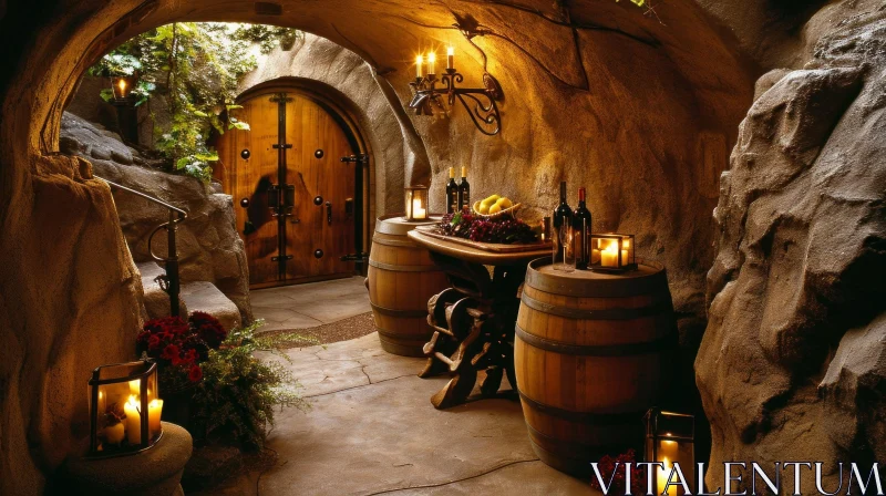 Enchanting Wine Cellar: Stone, Barrels, Fruit, and Candles AI Image