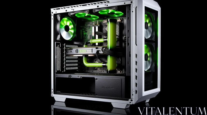 Green LED Gaming PC Case with Components | Technology Art AI Image